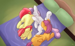 Size: 1920x1200 | Tagged: explicit, artist:sharpy, apple bloom, scootaloo, sweetie belle, ahegao, bed, blushing, cmc threesome, cunnilingus, cutie mark crusaders, drool, earth pony, eyes closed, female, filly, filly on filly, foal, foalcon, g4, group sex, hooves, imported from derpibooru, lesbian, magic, open mouth, pegasus, pillow, pony, sex, ship:sweetiebloomaloo, shipping, shivering, softcore, threesome, tongue out, unicorn
