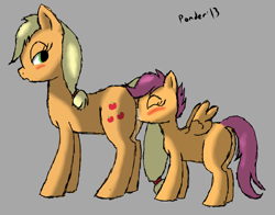 Size: 1000x785 | Tagged: explicit, artist:ponder, applejack, scootaloo, blank flank, blushing, cunnilingus, duo, earth pony, female, foalcon, g4, imported from derpibooru, lesbian, oral, pegasus, pony, scootajack, sex, simple background, vaginal secretions