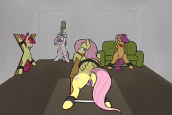 Size: 1800x1200 | Tagged: explicit, grimdark, artist:sewlde, apple bloom, fluttershy, scootaloo, sweetie belle, abuse, anus, applebuse, ballgag, black eye, bondage, bondage cross, bondage furniture, bound wings, broken horn, bruised, chains, couch, crying, cutie mark crusaders, dark, dildo, dock, door, dungeon, earth pony, female, flutterbuse, foal abuse, foalcon, g4, gag, horn, imported from derpibooru, insertion, looking at you, nudity, pegasus, pony, puckered asshole, rape, scootabuse, sex dungeon, sex toy, shackles, spread eagle, spreader bar, straps, sweetiebuse, table, tape gag, unicorn, vaginal insertion, vibrator, vulva