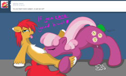 Size: 1280x768 | Tagged: explicit, artist:pixel-arrow, artist:pixelarrow, oc, oc:vixy hooves, ask, blowjob, cheerilee, deepthroat, female, foalcon, g4, imported from derpibooru, lesbian, mare on filly, nudity, oral, penis, sex, sex toy, tumblr, tumblr:ask slutilee, vibrator