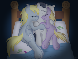 Size: 1440x1080 | Tagged: explicit, artist:jepso, aftersex, balls, bed, butt, colt, condom, cuddling, derpumble, derpy hooves, dinky hooves, equestria's best mother, female, filly, foal, foalcon, g4, group sex, imported from derpibooru, male, nudity, pegasus, plot, pony, rumble, rumbledink, sex, show accurate, show accurate porn, sleeping, straight, threesome, unicorn, vulva