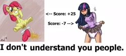 Size: 2114x938 | Tagged: explicit, artist:geotastic, apple bloom, twilight sparkle, anus, blushing, breasts, colored, diaper, diaper fetish, earth pony, female, filly, foal, foalcon, g4, human, humanized, hypocrisy, imported from derpibooru, meta, non-baby in diaper, nudity, pony, poofy diaper, text, urine, vulva, watersports