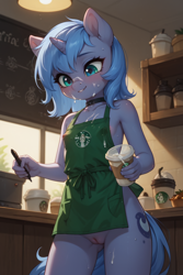 Size: 3072x4608 | Tagged: explicit, princess luna, ai content, ai generated, anthro, apron, banned from derpibooru, barista, blushing, cafe, clothes, coffee, coffee cup, cum, cum on body, cup, facial, female, generator:pony diffusion v6 xl, imported from twibooru, indoors, lolicon, messy hair, naked apron, nipples, nudity, partial nudity, prompter:madlyirrelevant, solo, solo female, underage, vulva, wingless, wingless anthro, woona, younger