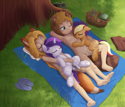 Size: 3508x3000 | Tagged: explicit, artist:salemcat, oc, oc:crystal rose, oc:starchaser, banned from derpibooru, basket, casual nudity, clothes, exhibitionism, female, foal, foalcon, group, horn, human, imported from twibooru, kemonomimi, kitsune, lolicon, male, nudity, outdoors, pegasus, pegasus oc, picnic basket, picnic blanket, pony, public nudity, shotacon, sleeping, tanooki, underage, unicorn, unicorn oc, wings