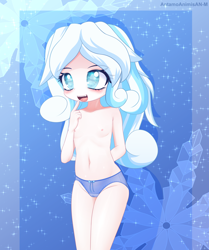 Size: 3200x3824 | Tagged: questionable, artist:an-m, oc, oc:snowdrop, banned from derpibooru, blind, blushing, clothes, cute, female, human, humanized, imported from twibooru, lolicon, nudity, oc only, partial nudity, smiling, solo, topless, underage, vulva