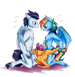 Size: 1024x1047 | Tagged: explicit, grimdark, artist:vengefulwolf74, rainbow dash, scootaloo, anthro, bedroom eyes, bisexual, blowjob, breasts, busty rainbow dash, crying, female, foalcon, g4, grin, group sex, imported from derpibooru, kneeling, lesbian, male, nipples, nudity, oral, penis, rape, scootabuse, sex, sex toy, size difference, smiling, soarin', spitroast, spread wings, straight, strapon, sweat, threesome, topless, wing pull, wingboner, wings