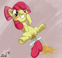 Size: 1075x1010 | Tagged: explicit, artist:zed001, apple bloom, anus, belly button, blushing, diaper, diaper fetish, earth pony, female, fetish, filly, foal, foalcon, g4, imported from derpibooru, non-baby in diaper, nudity, pissing, pony, potty time, smiling, solo, solo female, spread legs, spreading, urine, vagina, vulva, watersports