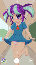 Size: 1800x3200 | Tagged: suggestive, artist:an-m, starlight glimmer, banned from derpibooru, barefoot, blushing, camera, clothes, embarrassed, embarrassed underwear exposure, feet, female, human, human coloration, humanized, imported from twibooru, lolicon, panties, pigtails, school uniform, schoolgirl, skirt, skirt lift, snowfall frost, underage, underwear, younger