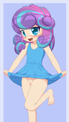 Size: 1800x3200 | Tagged: explicit, artist:an-m, princess flurry heart, alternate version, banned from derpibooru, child, clothes, dress, feet, female, flashing, human, humanized, imported from twibooru, lolicon, nudity, solo, solo female, underage, underwear, vulva, young