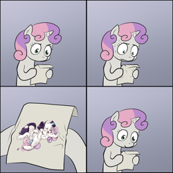 Size: 900x900 | Tagged: explicit, artist:lizombie, rarity, sweetie belle, dildo, exploitable meme, female, foalcon, g4, imported from derpibooru, incest, insertion, lesbian, magic, mare on filly, meme, nudity, pony, raricest, sex toy, ship:raribelle, shipping, sloppy kissing, sweetie's note meme, unicorn, vaginal insertion, vulva