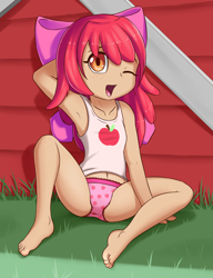 Size: 2000x2600 | Tagged: suggestive, artist:fearingfun, apple bloom, apple bloom's bow, banned from derpibooru, bow, child, clothes, female, grass, hair bow, human, human coloration, humanized, imported from twibooru, lolicon, looking at you, one eye closed, outdoors, panties, shirt, sleeveless, sleeveless shirt, solo, solo female, underage, underwear, young