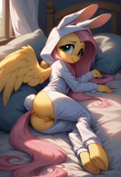 Size: 2496x3648 | Tagged: explicit, ai content, ai generated, anthro, anus, banned from derpibooru, bed, bunny ears, bunny pajamas, bunny suit, clothes, dock, facing away, fanfic art, female, frog (hoof), generator:pony diffusion v6 xl, hooves, imported from twibooru, indoors, lolicon, long hair, looking at you, looking back, looking back at you, nudity, on bed, partially undressed, pegasus, prompter:madlyirrelevant, smiling, solo, solo female, tail, underage, underhoof, unguligrade anthro, vulva, winged anthro, wings