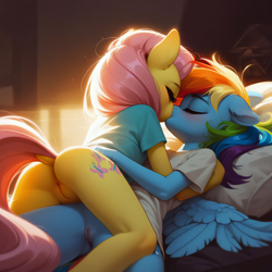 Size: 3072x3072 | Tagged: explicit, fluttershy, rainbow dash, ai content, ai generated, anthro, banned from derpibooru, bed, blushing, bottomless, breasts, clothes, cuddling, delicious flat chest, dock, eyes closed, female, flutterdash, generator:pony diffusion v6 xl, imported from twibooru, kissing, laying on bed, lesbian, lolicon, lying down, nudity, on bed, partial nudity, pegasus, prompter:madlyirrelevant, shipping, shirt, sleepy, small breasts, spread legs, spreading, straddling, t-shirt, tail, underage, vulva