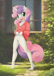 Size: 857x1200 | Tagged: explicit, artist:miniferu, sweetie belle, anthro, banned from derpibooru, barefoot, bottomless, clothes, erect nipples, feet, female, heart eyes, hoodie, horned anthro, imported from twibooru, lolicon, looking at you, nipple outline, nipples, no bra underneath, nudity, open smile, outdoors, pantless, partial nudity, plantigrade anthro, shirt, shirt lift, signature, solo, underage, unicorn, vagina, vulva, window, wingding eyes, younger