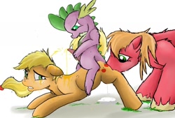 Size: 1280x865 | Tagged: explicit, artist:72-hours-remain, applejack, spike, applecest, ass up, big macintosh, cunnilingus, dripping, earth pony, edit, face down ass up, floppy ears, foalcon, frown, g4, golden shower, gritted teeth, group sex, imported from derpibooru, incest, looking back, male, nudity, penis, pissing, pony, sex, ship:applemac, ship:applespike, smiling, stallion, straight, threesome, urine, vaginal secretions, varying degrees of want, watersports