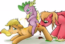 Size: 2220x1500 | Tagged: explicit, grotesque, artist:72-hours-remain, applejack, spike, 2012, analingus, applecest, ass up, big macintosh, cunnilingus, earth pony, face down ass up, female, fetish, floppy ears, foalcon, frown, g4, golden shower, gritted teeth, group sex, imported from derpibooru, incest, interspecies, male, mare, nudity, oral, penis, pissing, pony, poop, poop eating, pooping, scat, sex, ship:applemac, ship:applespike, shipping, smiling, stallion, straight, threesome, urine, varying degrees of want, watersports