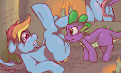 Size: 2000x1200 | Tagged: explicit, artist:72-hours-remain, rainbow dash, spike, candle, cunnilingus, dragon, dubious consent, female, foalcon, forked tongue, g4, hooves, hybrid, imported from derpibooru, male, nudity, ponified spike, ship:rainbowspike, straight, tongue out, vagina