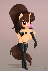 Size: 800x1200 | Tagged: questionable, artist:miniferu, oc, oc:spring beauty, anthro, banned from derpibooru, bikini, bikini bottom, bubblegum, clothes, female, food, gloves, gum, imported from twibooru, latex, latex gloves, latex socks, lolicon, middle finger, oc only, pasties, socks, swimsuit, underage, vulgar, younger