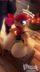 Size: 714x1264 | Tagged: questionable, artist:snuddy, apple bloom, ..., 3d, age difference, anthro, apple, applecest, ass, banned from derpibooru, basket, big mcintosh, blender, bloom butt, butt, butt clapping, clothes, crate, crepuscular rays, crotch bulge, dialogue, earth pony, emanata, female, food, imported from twibooru, incest, jeans, large butt, leotard, lolicon, looking back, macbloom, male, overalls, pants, plantigrade anthro, shipping, size difference, smiling, squatting, straight, thong leotard, tooth gap, twerking, underage