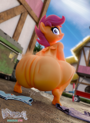 Size: 929x1272 | Tagged: questionable, artist:snuddy, scootaloo, 3d, anthro, ass, banned from derpibooru, blender, butt, butt clapping, crepuscular rays, female, floating wings, grin, imported from twibooru, lolicon, looking at you, looking back, looking back at you, pegasus, plantigrade anthro, scootabutt, scooter, smiling, squatting, twerking, underage, wagon, wings