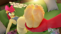 Size: 2778x1555 | Tagged: questionable, artist:snuddy, apple bloom, 3d, age difference, anthro, applecest, ass, banned from derpibooru, big mcintosh, blender, braless, breasts, butt, clothes, couch, delicious flat chest, dialogue, earth pony, faceless male, feet, female, foot focus, imported from twibooru, incest, lolicon, macbloom, male, naked overalls, nipples, no underwear, nudity, offscreen character, open mouth, overalls, pillow, plantigrade anthro, raised eyebrow, sandals, shipping, size difference, straight, thighs, thunder thighs, underage