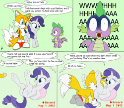 Size: 1200x1040 | Tagged: explicit, artist:3pac, rarity, spike, anthro, anthro on pony action, anthro with ponies, anus, ass, blue face, blushing, butt, comic, crossover, cuckold, cuckolding, cunnilingus, dragon, drool, female, first time, foalcon, fox, g4, horn, imported from derpibooru, interspecies, jealous, male, miles "tails" prower, mobian, nudity, penis, plantigrade anthro, plot, pony, pony on anthro action, red fox, simple background, sonic the hedgehog (series), speech bubble, straight, unicorn, virgin, wingless spike