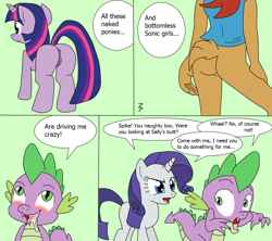 Size: 1014x900 | Tagged: explicit, artist:3pac, rarity, spike, twilight sparkle, anthro, anthro with ponies, anus, ass, blushing, bottomless, butt, chipmunk, clothes, comic, crossover, dragon, drool, foalcon, g4, horn, hybrid, imported from derpibooru, mobian, nudity, partial nudity, plot, pony, presenting, presenting butt, sally acorn, sonic the hedgehog (series), speech bubble, squirrel, the crossing of universes, twibutt, unicorn, unicorn twilight, vagina, vulva, wingless spike