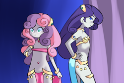 Size: 1900x1280 | Tagged: suggestive, artist:drantyno, rarity, sweetie belle, banned from derpibooru, belly dancer, belly dancer outfit, breast band, child, equestria girls, female, g4, harem outfit, human, imported from twibooru, lolicon, siblings, sisters, tube top, underage, young