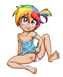 Size: 1296x1600 | Tagged: explicit, artist:anibaruthecat, rainbow dash, anus, banned from derpibooru, barefoot, breasts, child, clothes, delicious flat chest, feet, female, flashing, human, humanized, imported from twibooru, lolicon, nipples, nudity, panties, panties pulled aside, simple background, solo, solo female, transparent background, underage, underwear, vector, vulva
