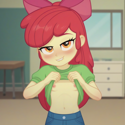 Size: 1024x1024 | Tagged: explicit, apple bloom, ai content, ai generated, banned from derpibooru, bedroom, bedroom eyes, belly button, blushing, breasts, clothes, equestria girls, female, imported from twibooru, lip bite, lolicon, presenting, prompter:ihateeqg, shirt, shirt lift, show accurate, show accurate porn, small breasts, standing, underage