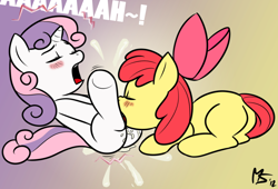 Size: 1028x700 | Tagged: explicit, artist:allosaurus, artist:megasweet, apple bloom, sweetie belle, ahegao, blushing, bow, cunnilingus, eyes closed, female, filly, foal, foalcon, g4, hair bow, imported from derpibooru, lesbian, open mouth, oral, orgasm, sex, ship:sweetiebloom, squirting, squirting in mouth, vaginal orgasm, vaginal secretions, vaginal secretions in mouth