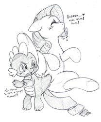 Size: 1064x1280 | Tagged: explicit, artist:sdteddybear, rarity, spike, age difference, dialogue, dragon, duo, female, foalcon, g4, heart, imported from derpibooru, male, monochrome, nudity, pony, ship:sparity, spread legs, straight, tail penetration, tail sex, vaginal, vulva