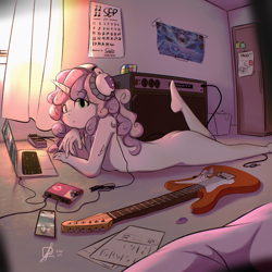 Size: 4000x4000 | Tagged: suggestive, artist:potato22, sweetie belle, absurd resolution, alternate version, amplifier, anthro, barefoot, bedroom, breasts, butt, calendar, cellphone, chromatic aberration, computer, electric guitar, eye clipping through hair, eyebrows, eyebrows visible through hair, feet, female, film grain, g4, guitar, guitar pick, headphones, horn, imported from twibooru, laptop computer, lolicon, looking at you, lying down, missing cutie mark, musical instrument, nudity, older, older sweetie belle, on floor, one leg raised, paper, phone, prone, raised leg, rubik's cube, sideboob, signature, solo, speaker, sweetie belle's cutie mark, tattoo, underage, unicorn, window