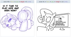 Size: 526x278 | Tagged: explicit, artist:megasweet, artist:weaver, rarity, sweetie belle, anus, butt, computer, dialogue, exploitable meme, female, foalcon, g4, imported from derpibooru, juxtaposition, juxtaposition win, nudity, plot, pony, presenting, simple background, unicorn, vagina, white background