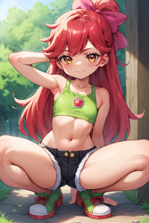 Size: 768x1152 | Tagged: suggestive, apple bloom, ai content, ai generated, banned from derpibooru, clothes, denim shorts, equestria girls, female, human, humanized, imported from twibooru, lolicon, prompter:drpeeper d fresa, shoes, shorts, squatting, stupid sexy apple bloom, tanktop, underage