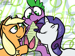 Size: 800x600 | Tagged: explicit, artist:pokehidden, applejack, rarity, spike, age difference, applejack's hat, bisexual, blowjob, commission, cowboy hat, double blowjob, dragon, earth pony, eyes closed, female, ffm threesome, foalcon, g4, group sex, hat, hemipenis, horn, imported from derpibooru, male, mare, multidick, multiple blowjob, nudity, open mouth, oral, penis, pony, precum, sex, ship:applespike, ship:sparijack, ship:sparity, shipping, smiling, spiderman thread, spike gets all the mares, spit, straight, threesome, trio, unicorn, wingless spike
