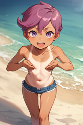 Size: 1536x2304 | Tagged: questionable, scootaloo, ai content, ai generated, banned from derpibooru, beach, clothes, covering breasts, denim shorts, equestria girls, female, human, human coloration, humanized, imported from twibooru, lolicon, partial nudity, prompter:drpeeper d fresa, shorts, tan lines, tanned, topless, underage