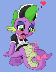 Size: 1768x2288 | Tagged: explicit, artist:johnson96, spike, balls, blushing, clothes, crossdressing, dragon, eyeshadow, foalcon, g4, imported from derpibooru, maid, male, masturbation, nudity, penis, simple background, solo, solo male