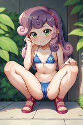 Size: 1536x2304 | Tagged: questionable, sweetie belle, ai content, ai errors, ai generated, banned from derpibooru, belly button, bikini, cameltoe, clothes, equestria girls, female, four toes, hairband, human, humanized, imported from twibooru, light skin, lolicon, looking at you, outdoors, plant, prompter:drpeeper d fresa, sandals, shadow, shoes, six fingers, smiling, squatting, swimsuit, underage