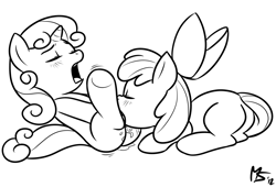 Size: 1280x872 | Tagged: explicit, artist:megasweet, apple bloom, sweetie belle, cunnilingus, female, foalcon, g4, imported from derpibooru, lesbian, nudity, ship:sweetiebloom, shipping, vagina, vaginal secretions