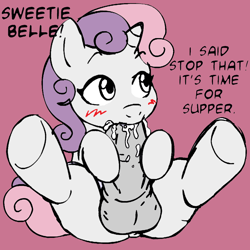 Size: 945x945 | Tagged: explicit, artist:megasweet, artist:niffolaff, sweetie belle, autofellatio, balls, big penis, blowjob, blushing, cum, cum in mouth, cum in own mouth, foalcon, futa, futa sweetie belle, g4, imported from derpibooru, impossibly large penis, intersex, nudity, offscreen character, oral, penis, pony, simple background, solo, solo futa