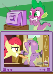 Size: 436x600 | Tagged: explicit, apple bloom, spike, blushing, bondage, dragon, edit, edited screencap, exploitable meme, feather, female, foalcon, g4, grin, hub logo, imported from derpibooru, just for sidekicks, male, meme, my little pony: friendship is magic, nudity, penis, screencap, ship:spikebloom, shipping, straight, tickling, tv meme, winter wrap up