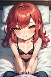 Size: 1536x2304 | Tagged: suggestive, apple bloom, ai content, ai generated, banned from derpibooru, bed, bedroom eyes, black bra, black panties, child, clothes, equestria girls, female, imminent sex, imported from twibooru, lingerie, lolicon, looking at you, male, prompter:drpeeper d fresa, underage