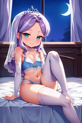 Size: 1536x2304 | Tagged: suggestive, diamond tiara, ai content, ai generated, banned from derpibooru, bed, bra, bride, clothes, equestria girls, female, imported from twibooru, lingerie, lolicon, prompter:drpeeper d fresa, socks, thigh highs, underage, underwear, veil, wedding veil