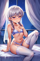 Size: 1536x2304 | Tagged: suggestive, silver spoon, ai content, ai generated, banned from derpibooru, bed, bra, bride, clothes, equestria girls, female, garter belt, imported from twibooru, lingerie, lolicon, prompter:drpeeper d fresa, socks, thigh highs, underage, underwear, veil, wedding veil