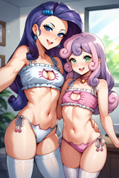 Size: 1536x2304 | Tagged: suggestive, rarity, sweetie belle, ai content, ai generated, banned from derpibooru, bell, bell collar, cat lingerie, clothes, collar, equestria girls, female, human, humanized, imported from twibooru, lingerie, lolicon, prompter:drpeeper d fresa, selfie, socks, thigh highs, underage