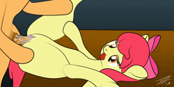 Size: 1000x500 | Tagged: explicit, artist:darkkoushirou, apple bloom, scootaloo, abdominal bulge, ahegao, animated, apple bloom's bow, bedroom eyes, bow, earth pony, eyes on the prize, filly, foal, foalcon, futa, futa on female, futa scootaloo, g4, gif, hair bow, horsecock, imported from derpibooru, intersex, looking down, moan, moaning, moaning in pleasure, nudity, on back, open mouth, pegasus, penetration, penis, pony, reasonably sized genitals, sex, sex noises, ship:scootabloom, shipping, table lotus position, tongue out, vagina, vaginal, vaginal secretion stain, vaginal secretions