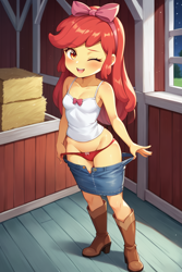 Size: 1536x2304 | Tagged: suggestive, apple bloom, ai content, ai generated, banned from derpibooru, barn, boots, child, clothes, denim skirt, equestria girls, female, imported from twibooru, lolicon, night, one eye closed, panties, prompter:drpeeper d fresa, shoes, skirt, tanktop, underage, underwear, undressing, wink