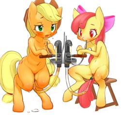 Size: 1267x1200 | Tagged: explicit, artist:iizuna, apple bloom, applejack, blushing, catheter, dead source, duo, earth pony, female, fetish, foalcon, g4, imported from derpibooru, nudity, pee in container, piss drinking, pixiv, semi-anthro, siblings, sisters, sounding, urine, vulva, watersports