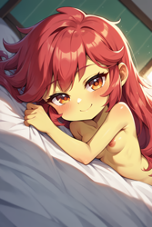 Size: 1536x2304 | Tagged: questionable, apple bloom, ai content, ai generated, banned from derpibooru, bed, bedroom eyes, blush lines, blushing, child, equestria girls, eyebrows visible through hair, female, imported from twibooru, lolicon, looking at you, lying down, messy hair, nipples, nudity, on bed, prompter:drpeeper d fresa, sheet grab, sun rays, underage